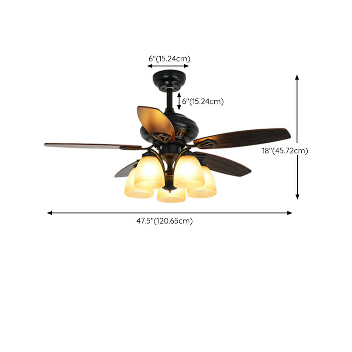 Elegant Black 5 Blade Glass Shade Ceiling Fan Light Image - 12