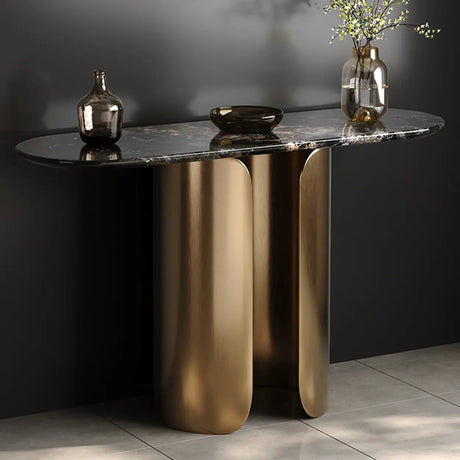 Elegant Black Marble Oval Golden Pedestal Console Table Image - 1