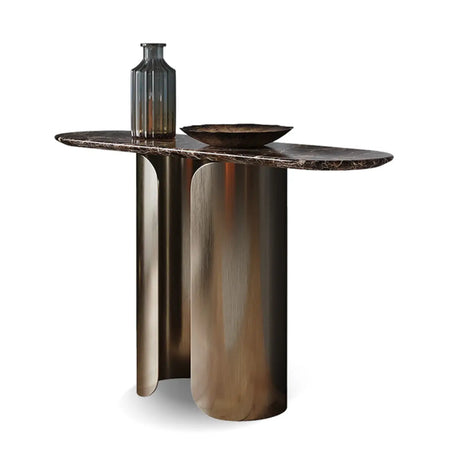 Elegant Black Marble Oval Golden Pedestal Console Table Image - 2