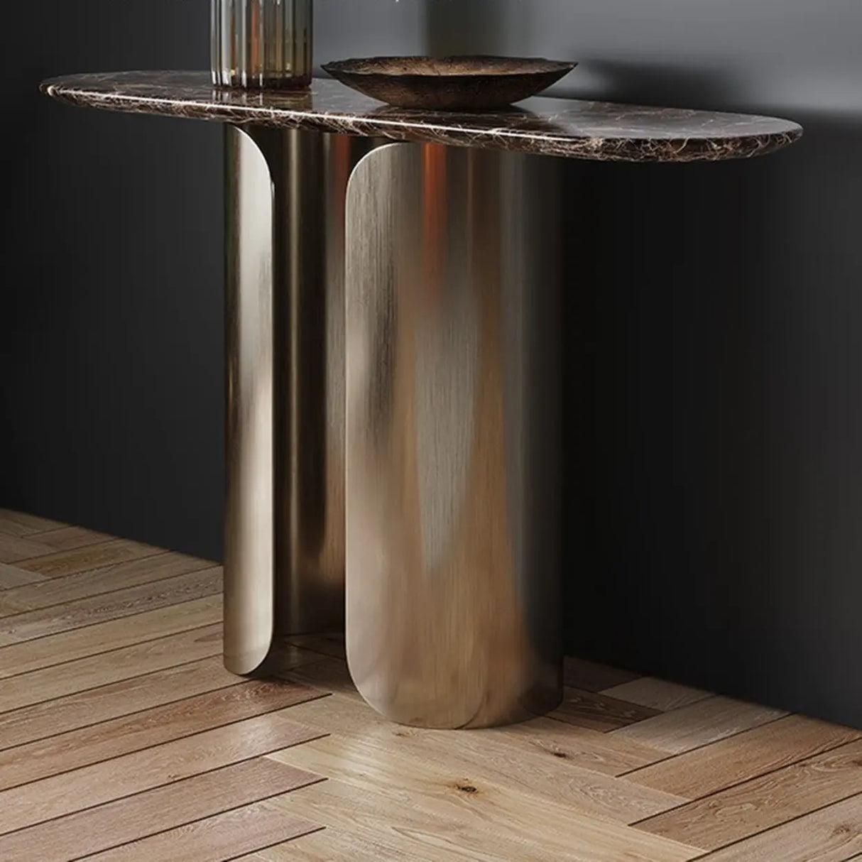 Elegant Black Marble Oval Golden Pedestal Console Table Image - 3