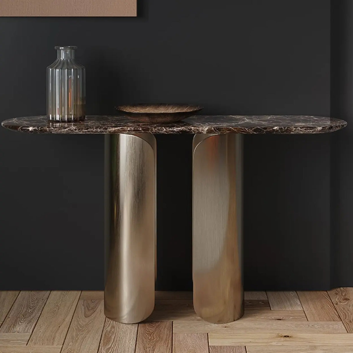 Elegant Black Marble Oval Golden Pedestal Console Table Image - 4