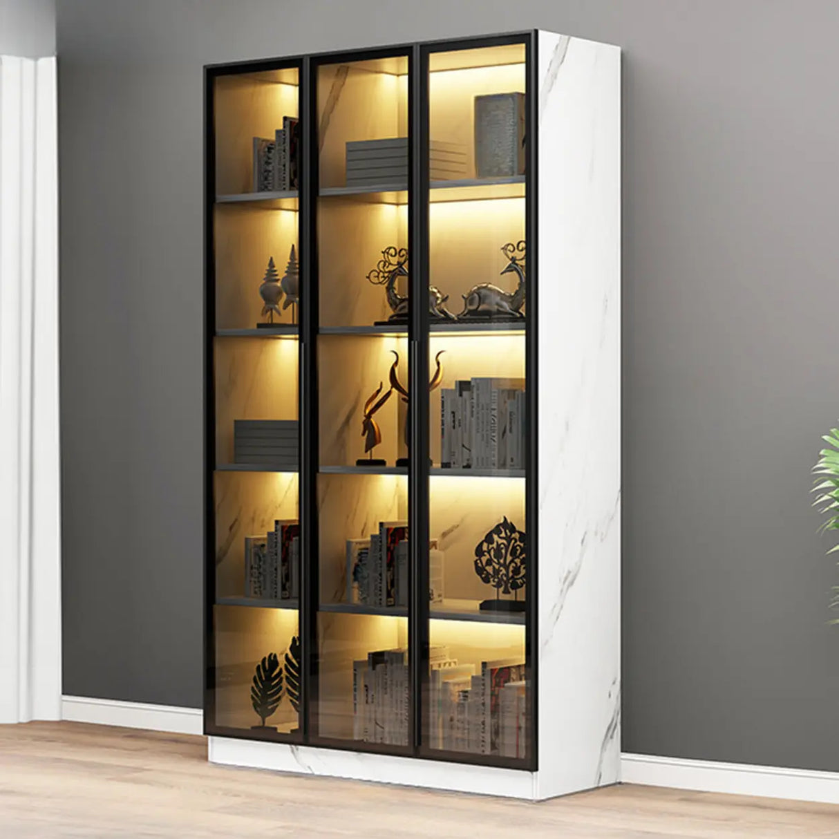 Elegant Black Vertical Glass Door Storage Tall Bookcase Image - 4