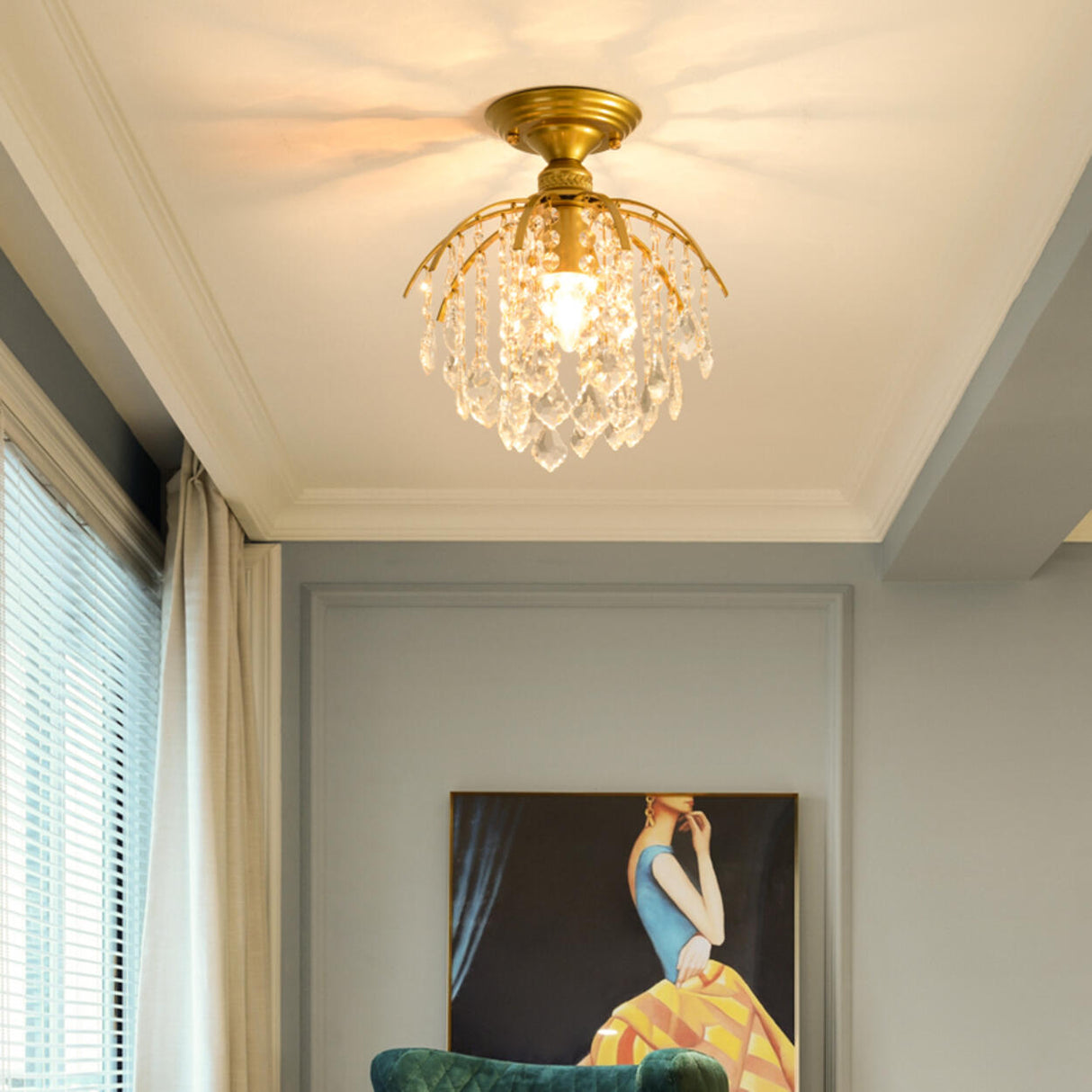 Elegant Brass Crystal Semi-Flush Mount Ceiling Light Image - 4
