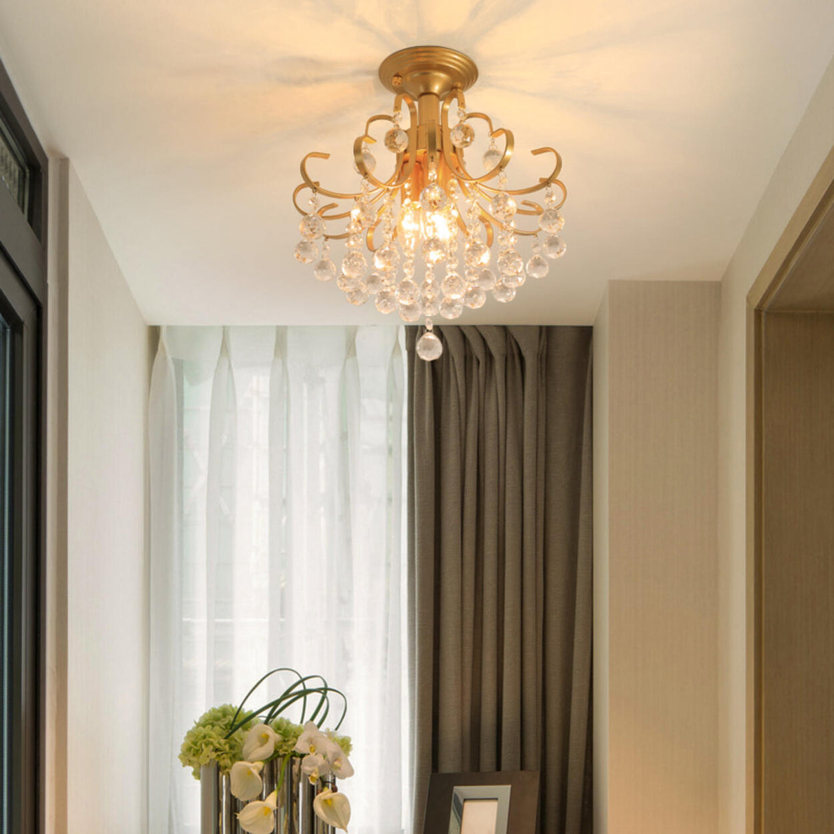 Elegant Brass Crystal Semi-Flush Mount Ceiling Light Image - 6