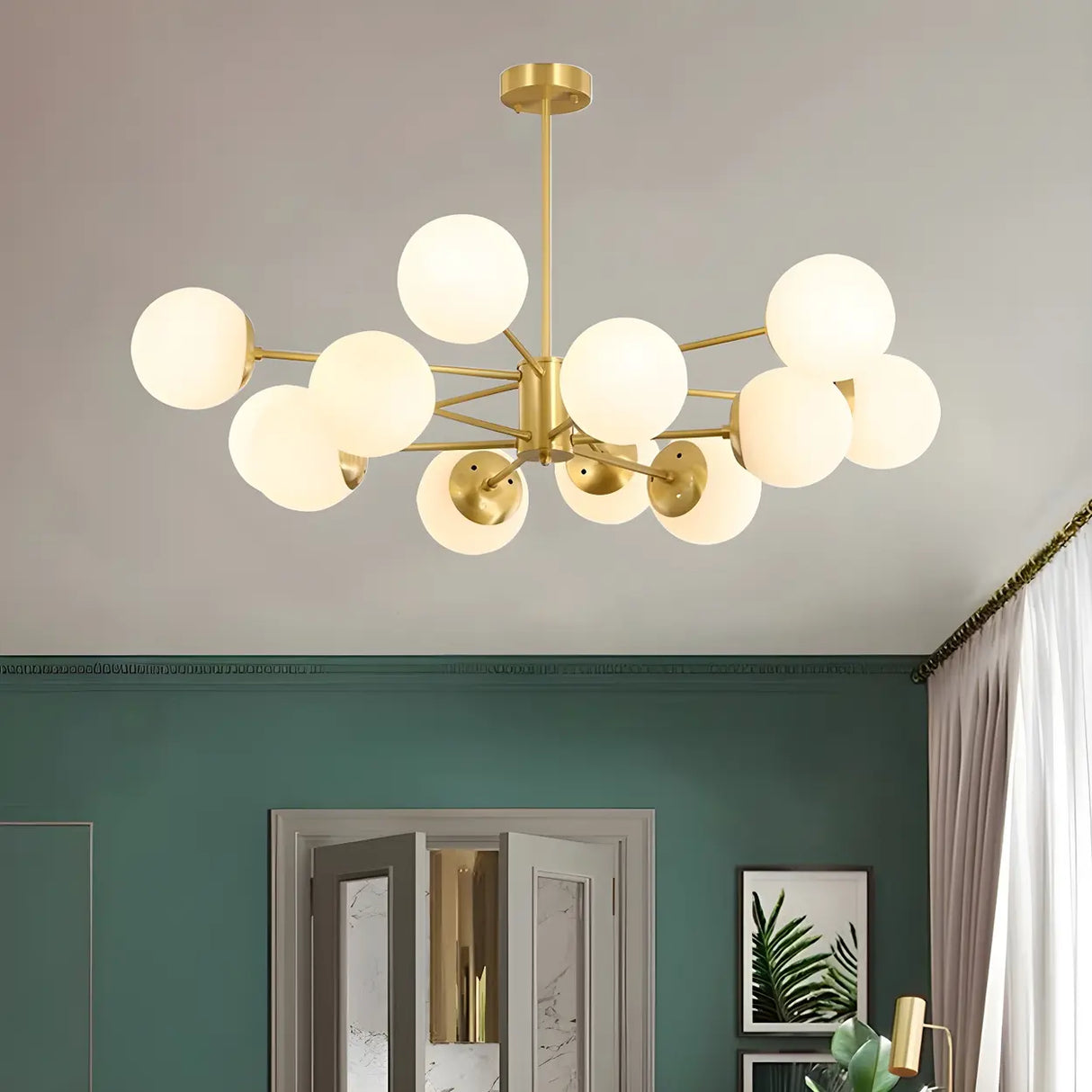 Elegant Brass Globe Large Sputnik Chandelier Living Room Image - 4