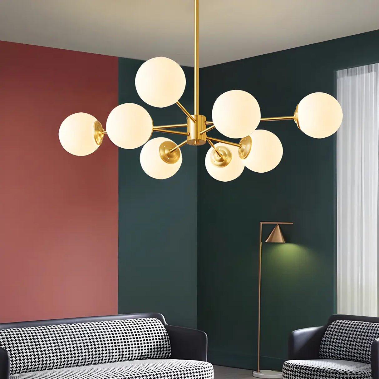 Elegant Brass Globe Large Sputnik Chandelier Living Room Image - 7