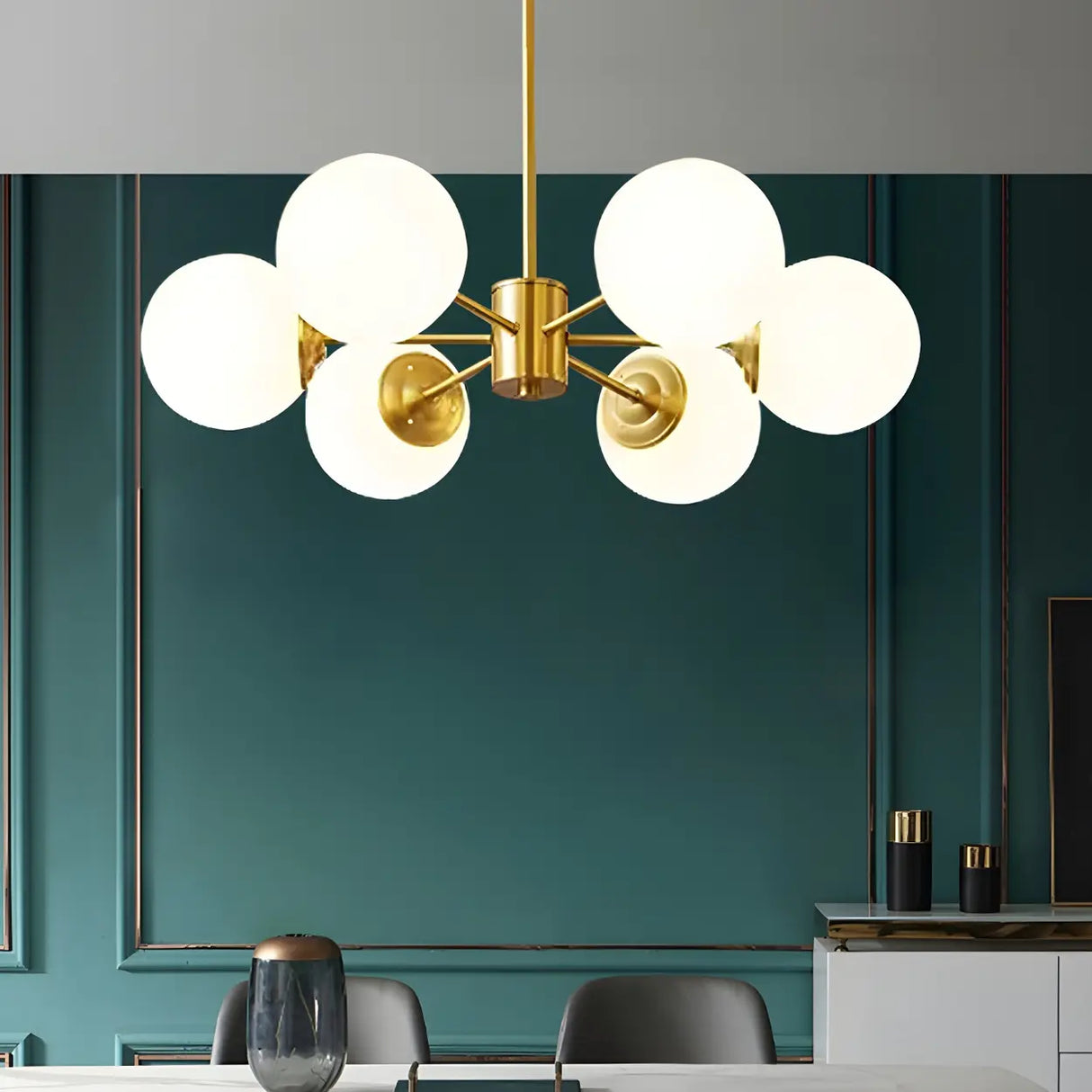 Elegant Brass Globe Large Sputnik Chandelier Living Room Image - 9