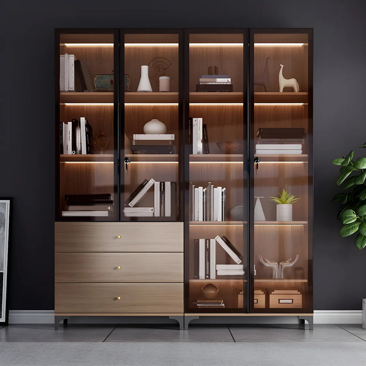 Elegant Brown Tall Glass Wood Bookcase with Cabinets Image - 1