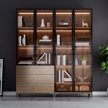 Elegant Brown Tall Glass Wood Bookcase with Cabinets Image - 1