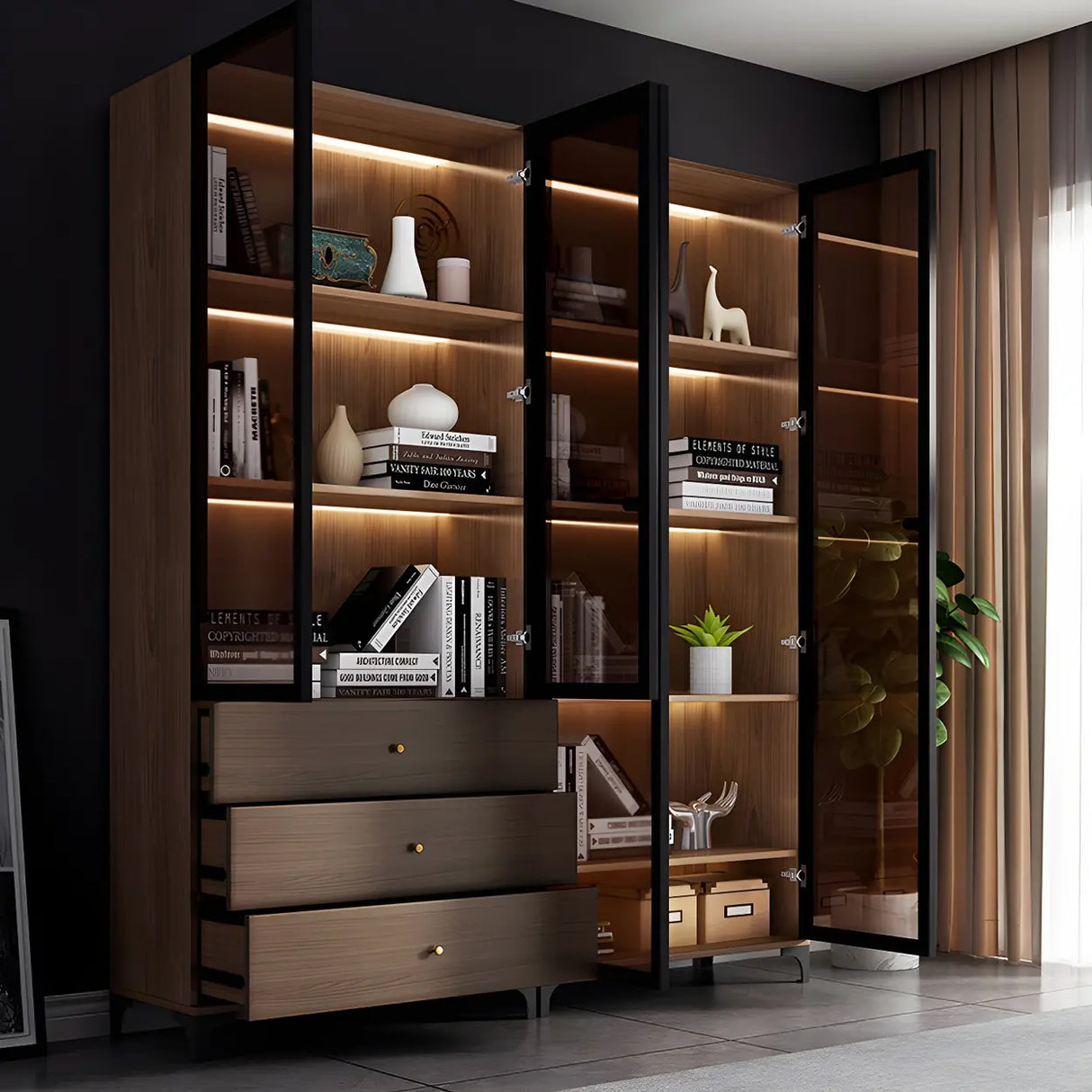 Elegant Brown Tall Glass Wood Bookcase with Cabinets Image - 13