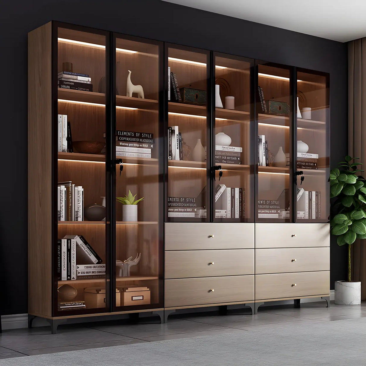 Elegant Brown Tall Glass Wood Bookcase with Cabinets Image - 14