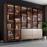 Elegant Brown Tall Glass Wood Bookcase with Cabinets Image - 14