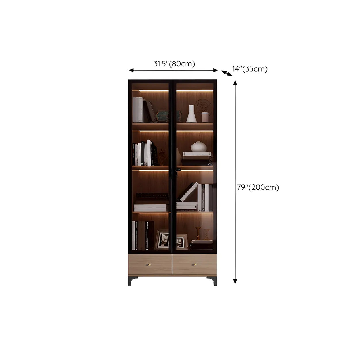 Elegant Brown Tall Glass Wood Bookcase with Cabinets 