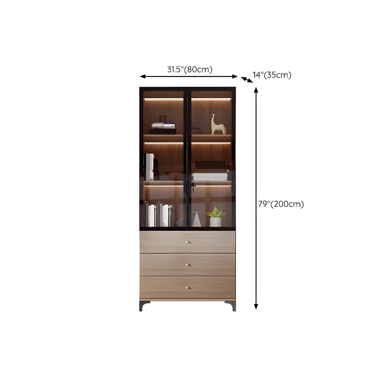 Elegant Brown Tall Glass Wood Bookcase with Cabinets Image - 16