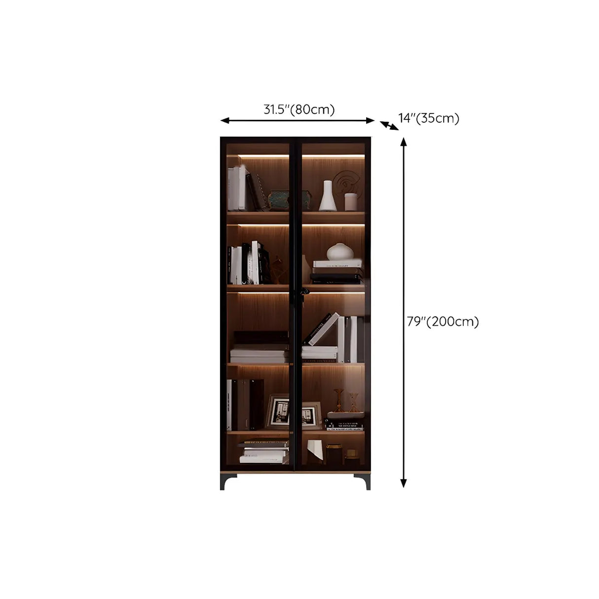 Elegant Brown Tall Glass Wood Bookcase with Cabinets Image - 17