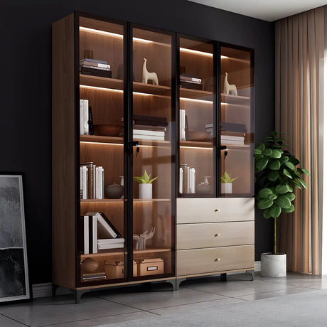Elegant Brown Tall Glass Wood Bookcase with Cabinets Image - 4