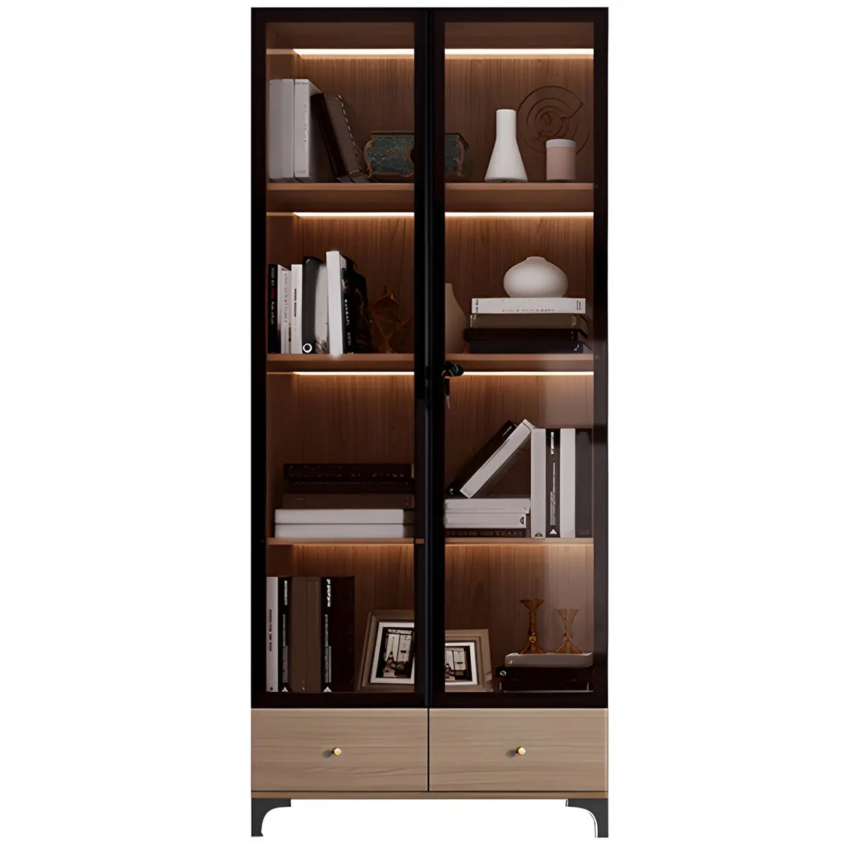 Elegant Brown Tall Glass Wood Bookcase with Cabinets Image - 2