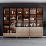 Elegant Brown Tall Glass Wood Bookcase with Cabinets Image - 5