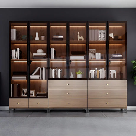 Elegant Brown Tall Glass Wood Bookcase with Cabinets Image - 5