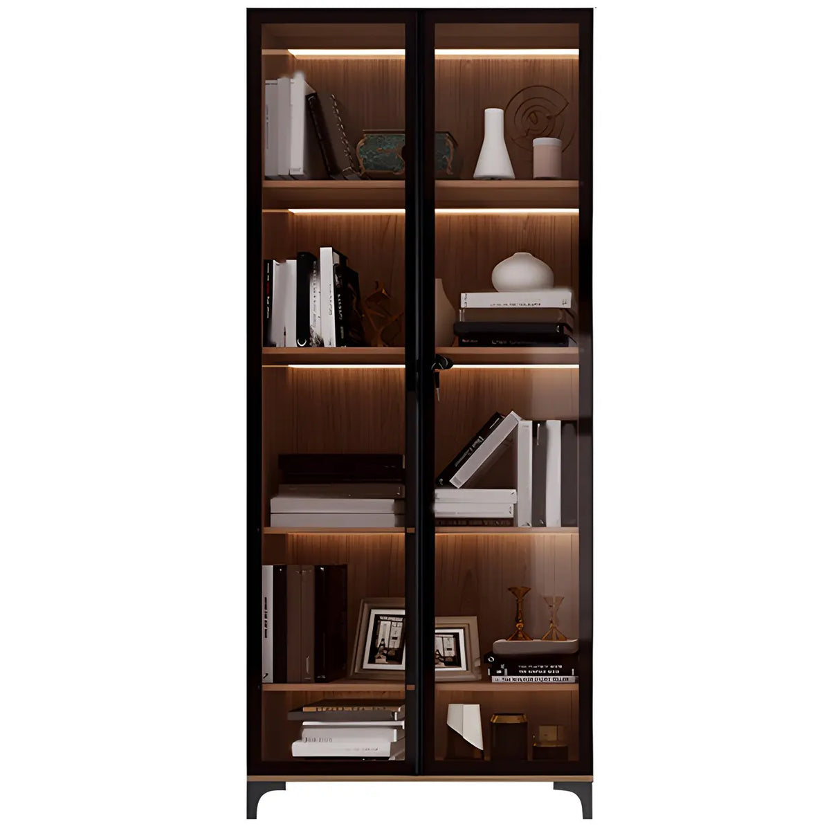 Elegant Brown Tall Glass Wood Bookcase with Cabinets Image - 3