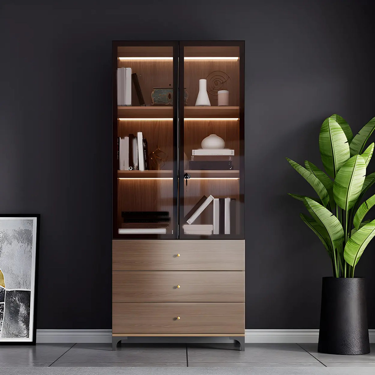 Elegant Brown Tall Glass Wood Bookcase with Cabinets Image - 6