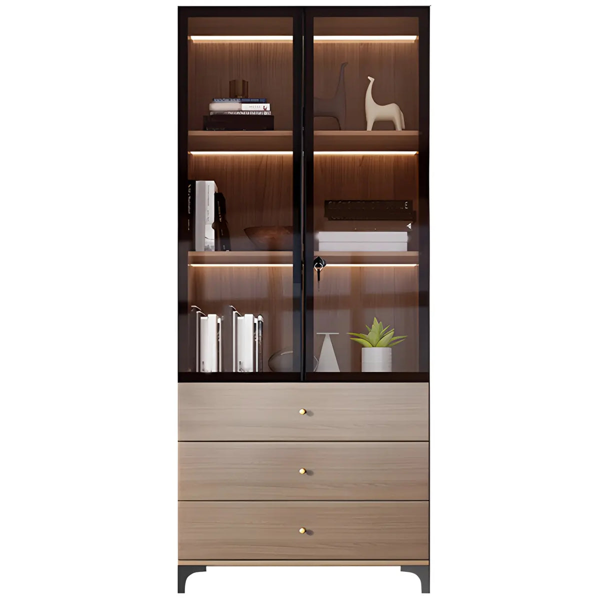 Elegant Brown Tall Glass Wood Bookcase with Cabinets Image - 7
