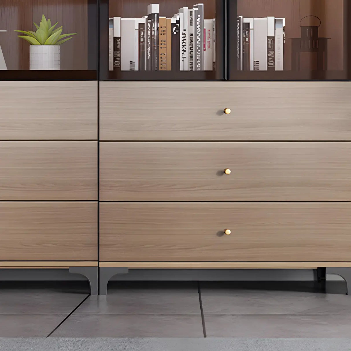 Elegant Brown Tall Glass Wood Bookcase with Cabinets Image - 8