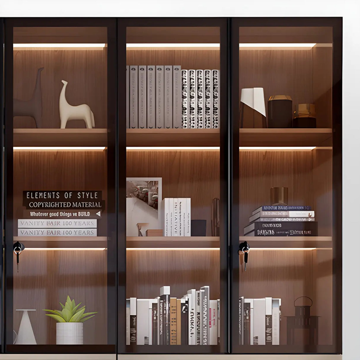 Elegant Brown Tall Glass Wood Bookcase with Cabinets Image - 9