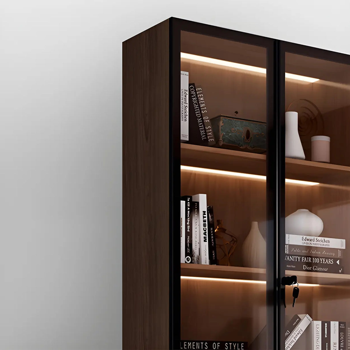 Elegant Brown Tall Glass Wood Bookcase with Cabinets Image - 10