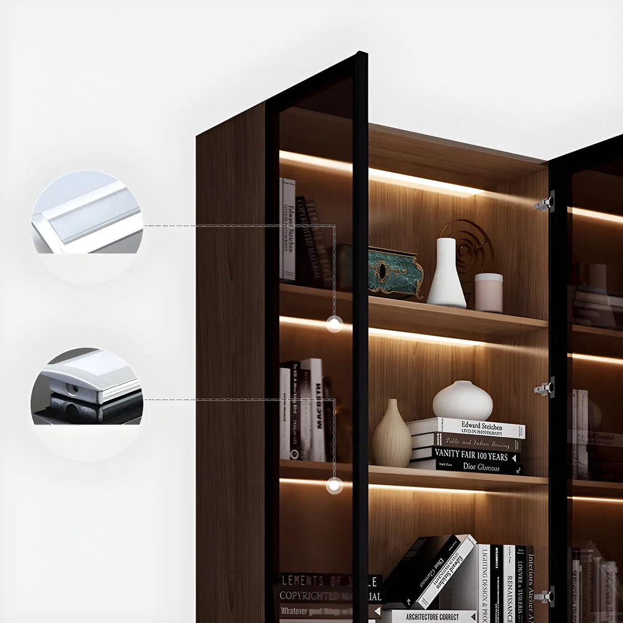 Elegant Brown Tall Glass Wood Bookcase with Cabinets Image - 11