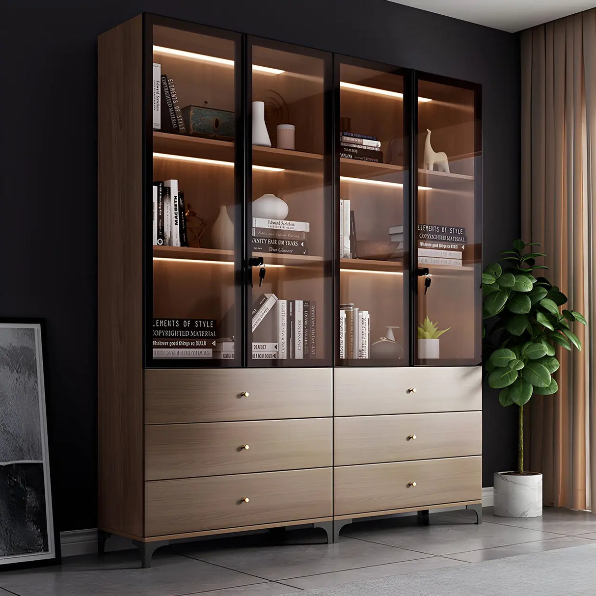 Elegant Brown Tall Glass Wood Bookcase with Cabinets Image - 12