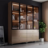 Elegant Brown Tall Glass Wood Bookcase with Cabinets Image - 12