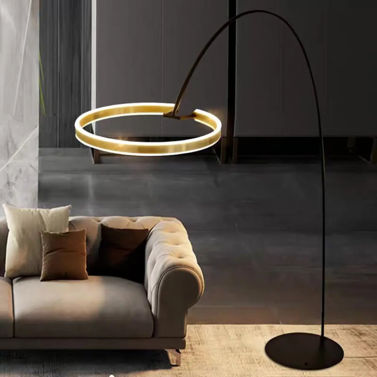 Elegant Circular LED Ring and Arched Floor Lamp