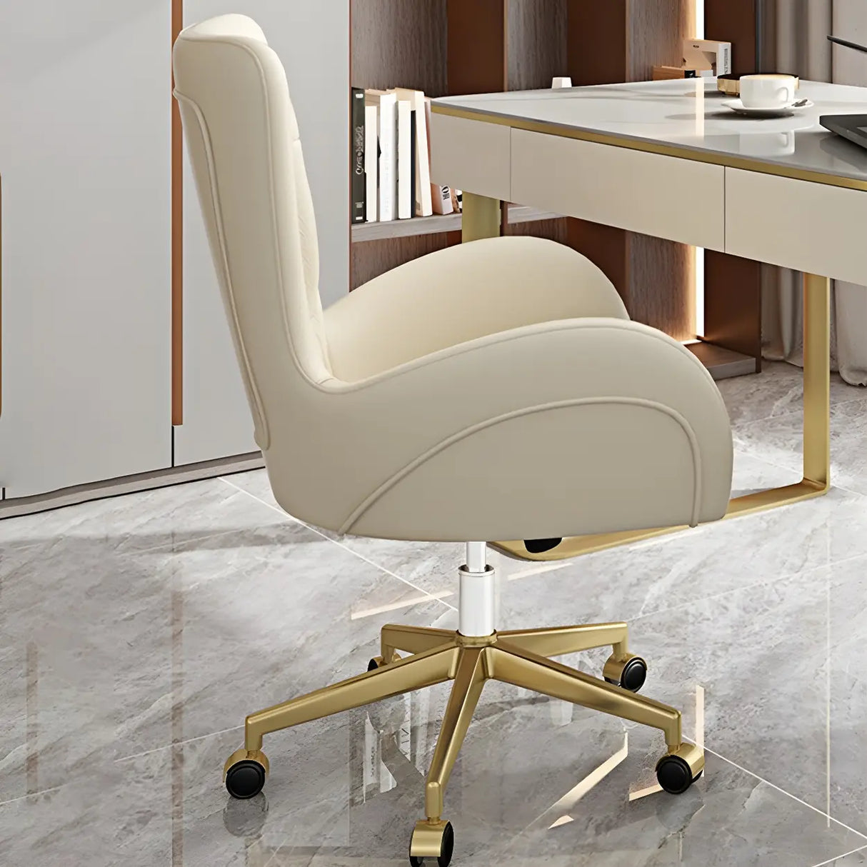 Elegant Cream Gold Adjustable Ergonomic Leather Office Chair Image - 5