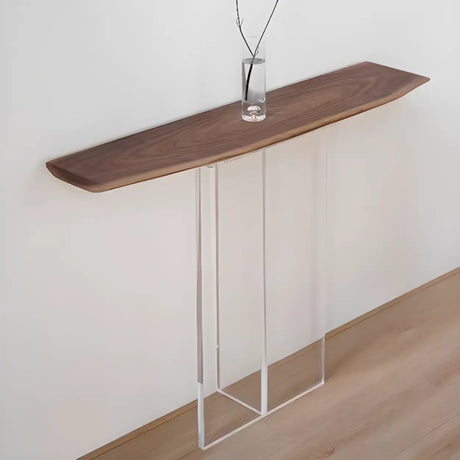 Elegant Curved Walnut Wood Clear Base Console Table Image - 1
