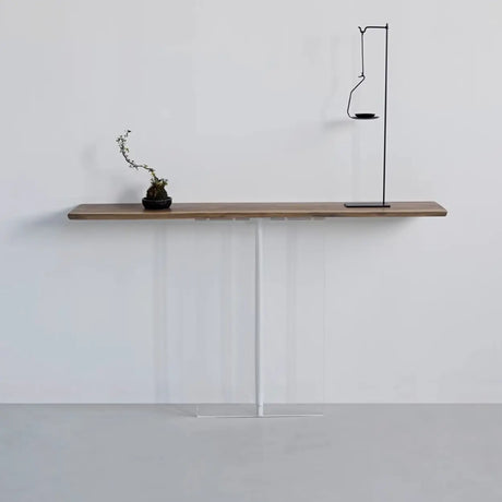 Elegant Curved Walnut Wood Clear Base Console Table Image - 2