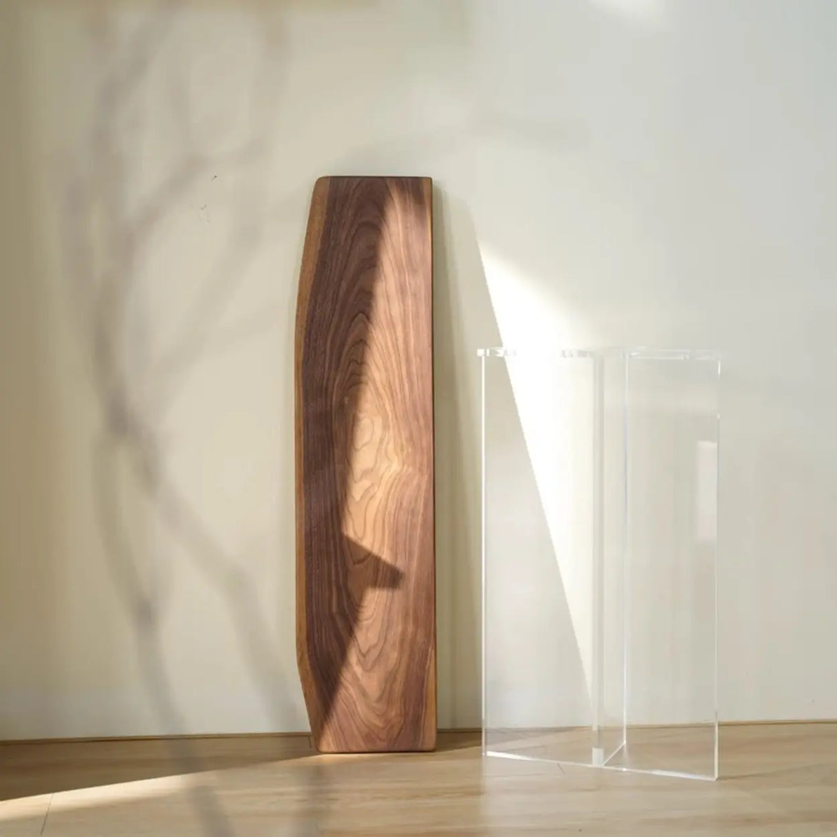 Elegant Curved Walnut Wood Clear Base Console Table Image - 3