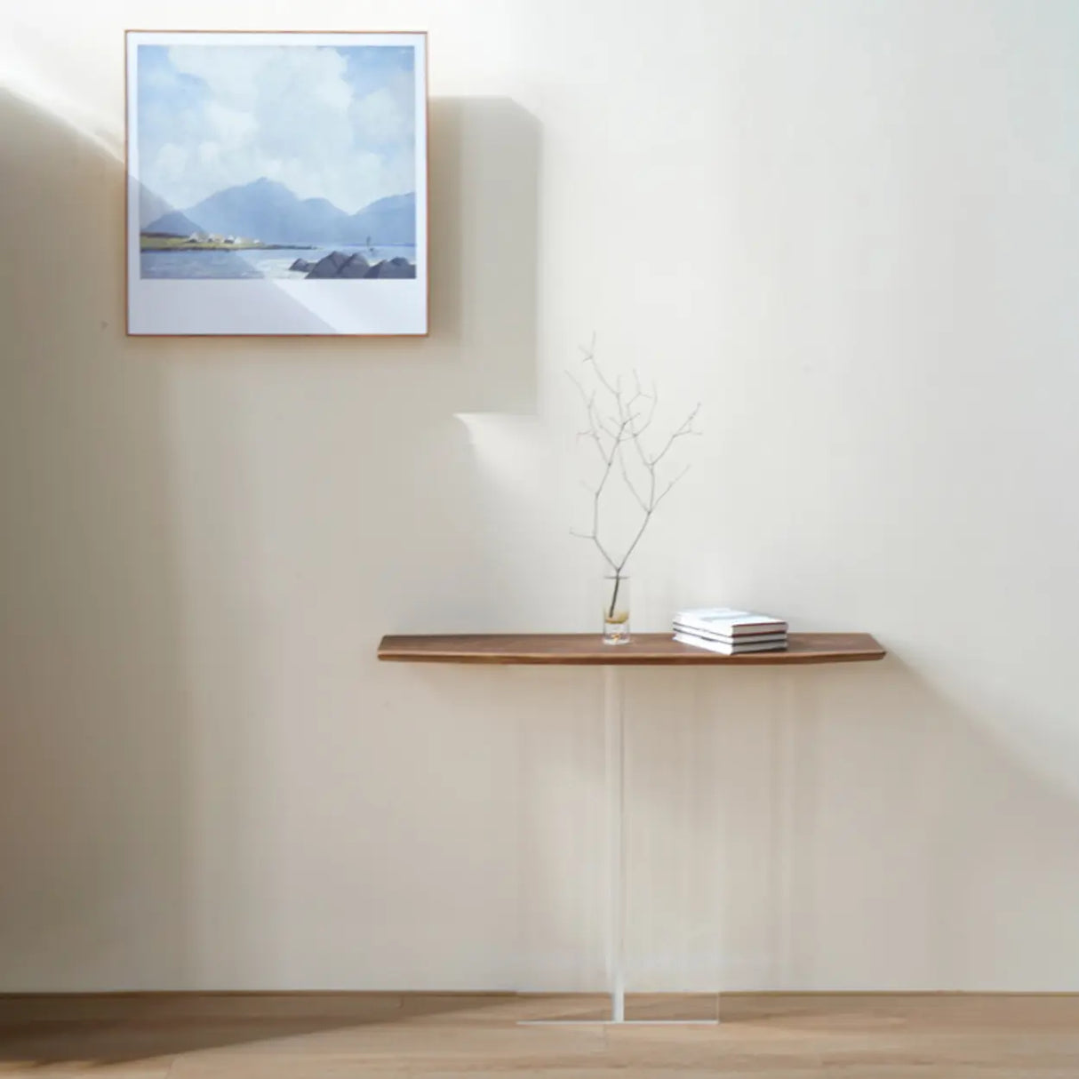 Elegant Curved Walnut Wood Clear Base Console Table Image - 4