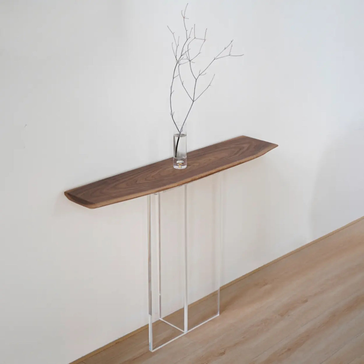 Elegant Curved Walnut Wood Clear Base Console Table Image - 6