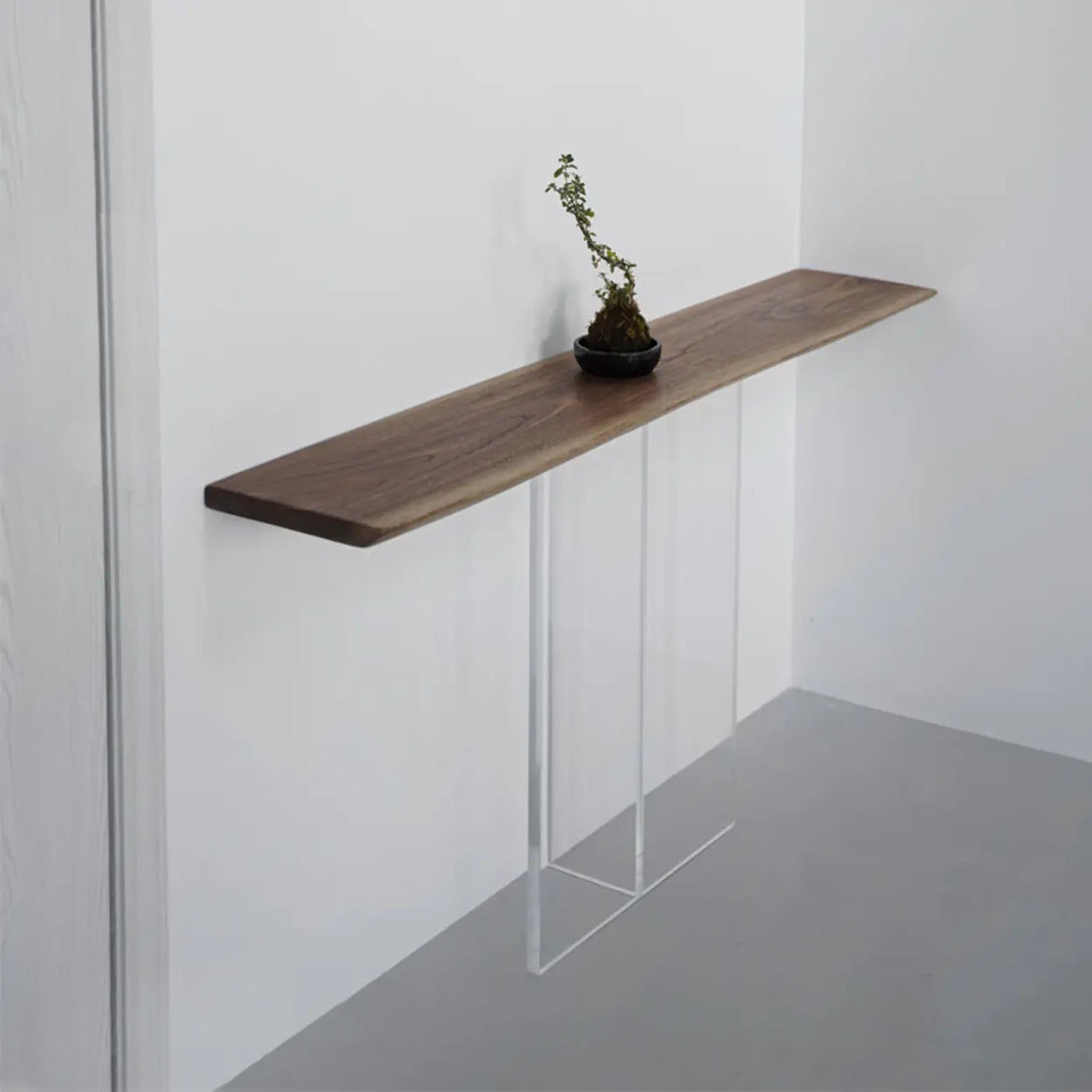 Elegant Curved Walnut Wood Clear Base Console Table Image - 7