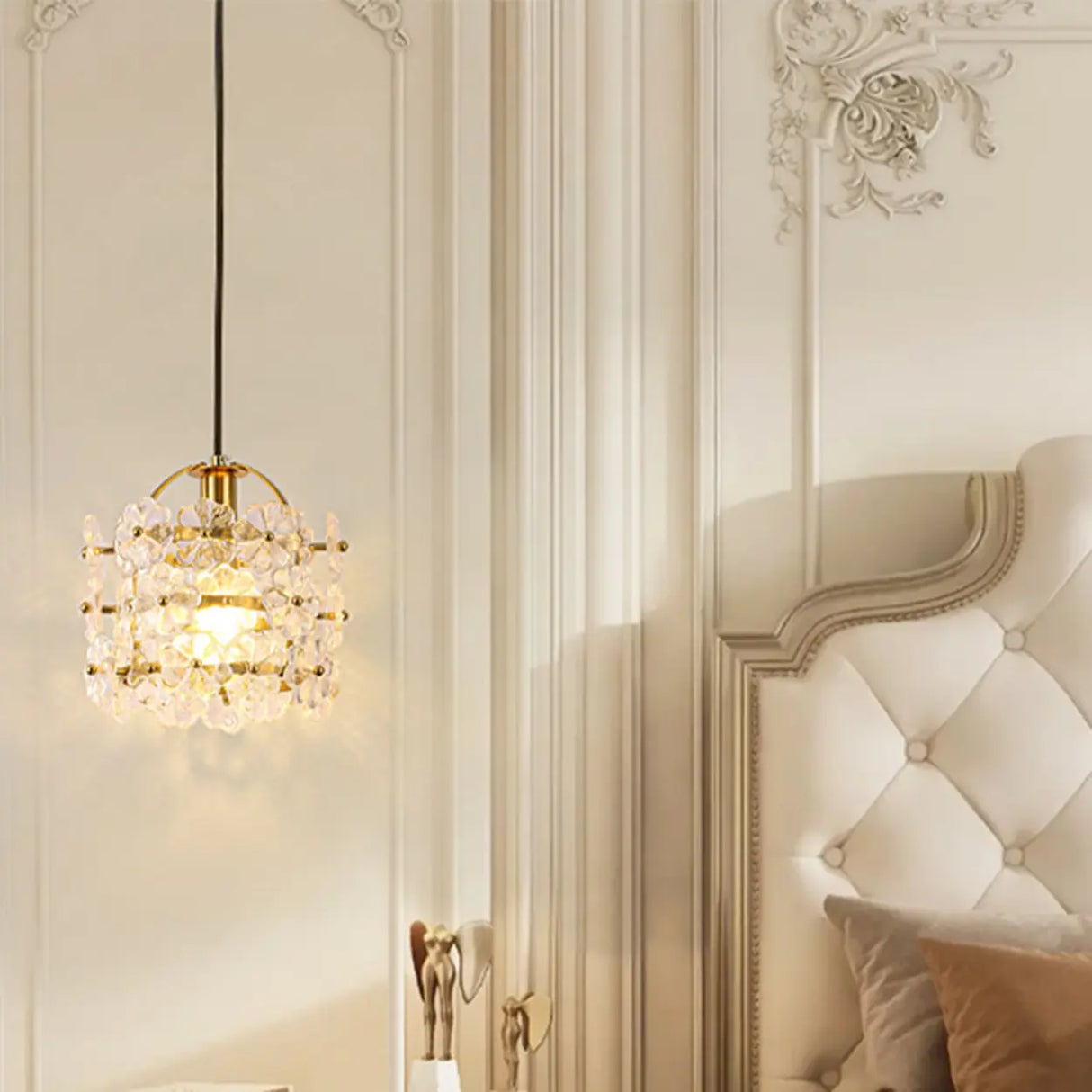 Elegant Floral Cylinder Clear Glass Pendant Light Bedroom Image - 3