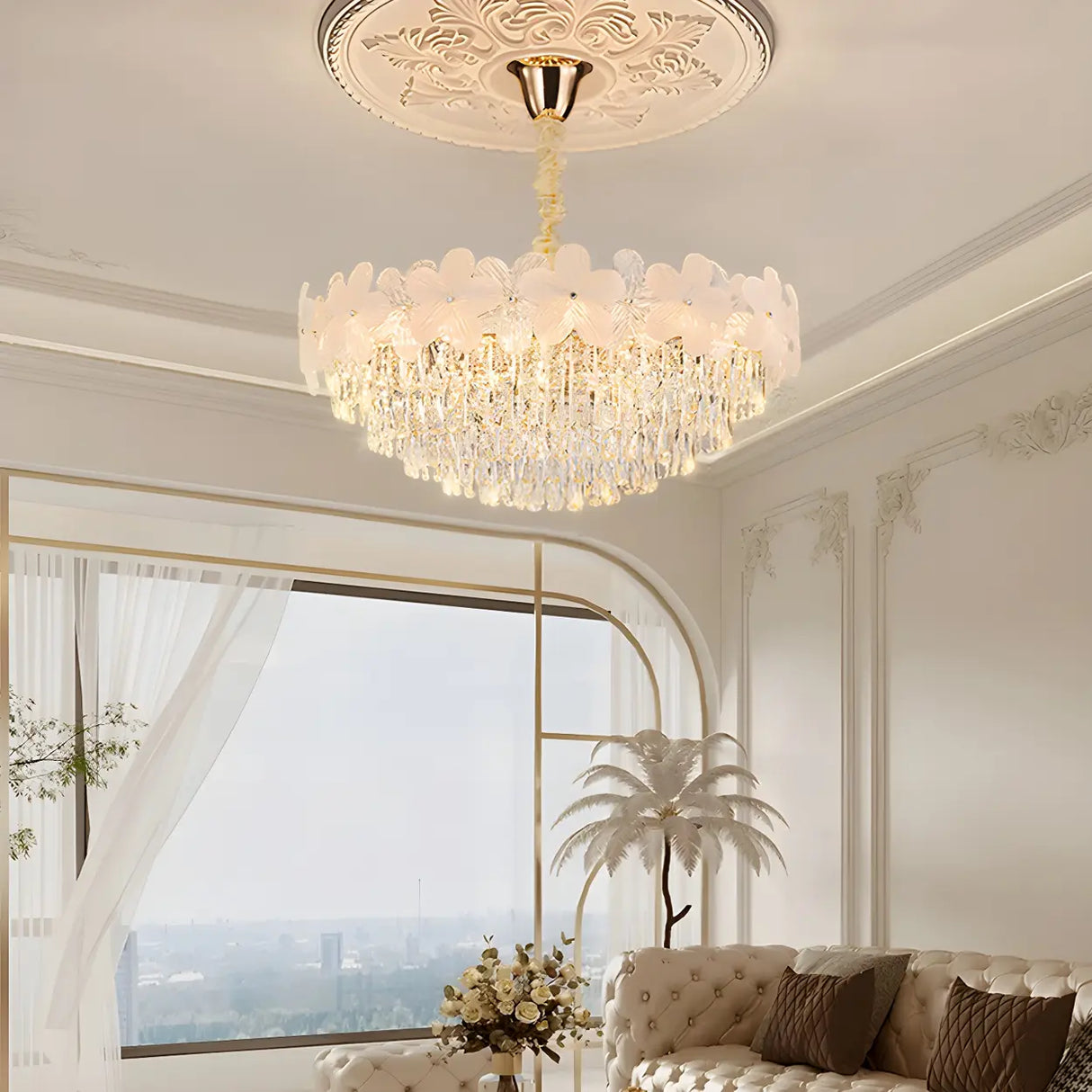Elegant Floral Living Room Crystal Chandelier Image - 1