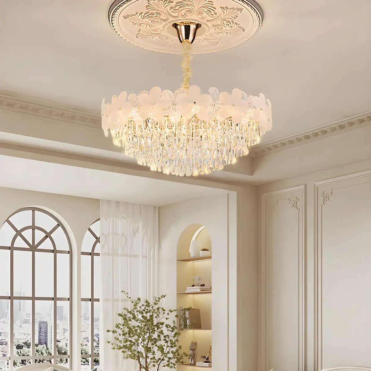Elegant Floral Living Room Crystal Chandelier Image - 3