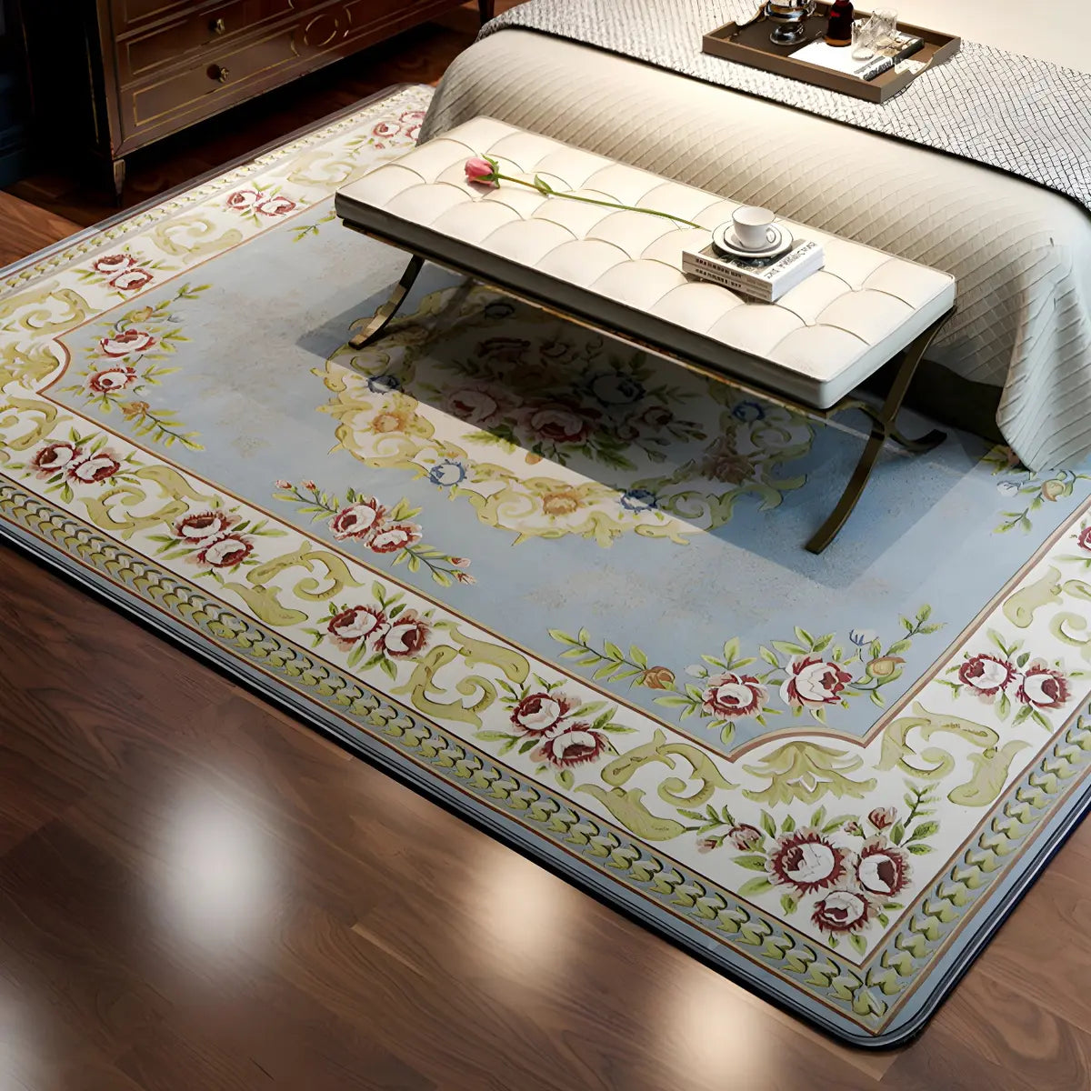 Elegant Floral Rectangular Polyester Black Area Rug Image - 4
