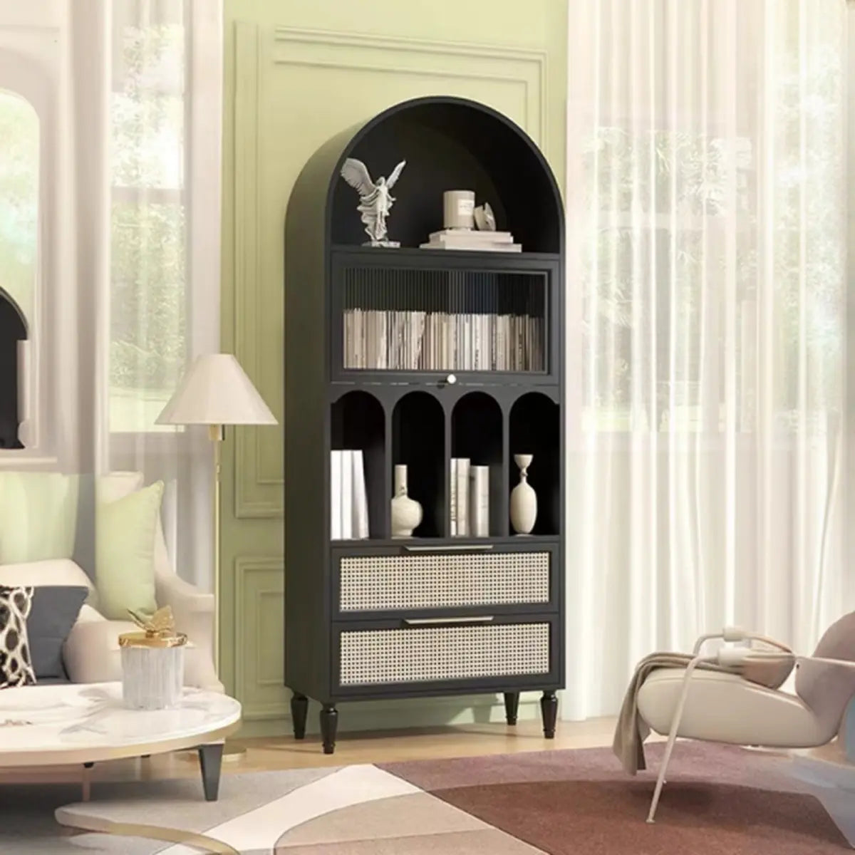 Elegant French Arched Double Drawers Display Bookcase Image - 7
