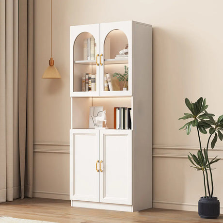 Elegant French White Arched Glass Door Storage Bookcase Image - 2
