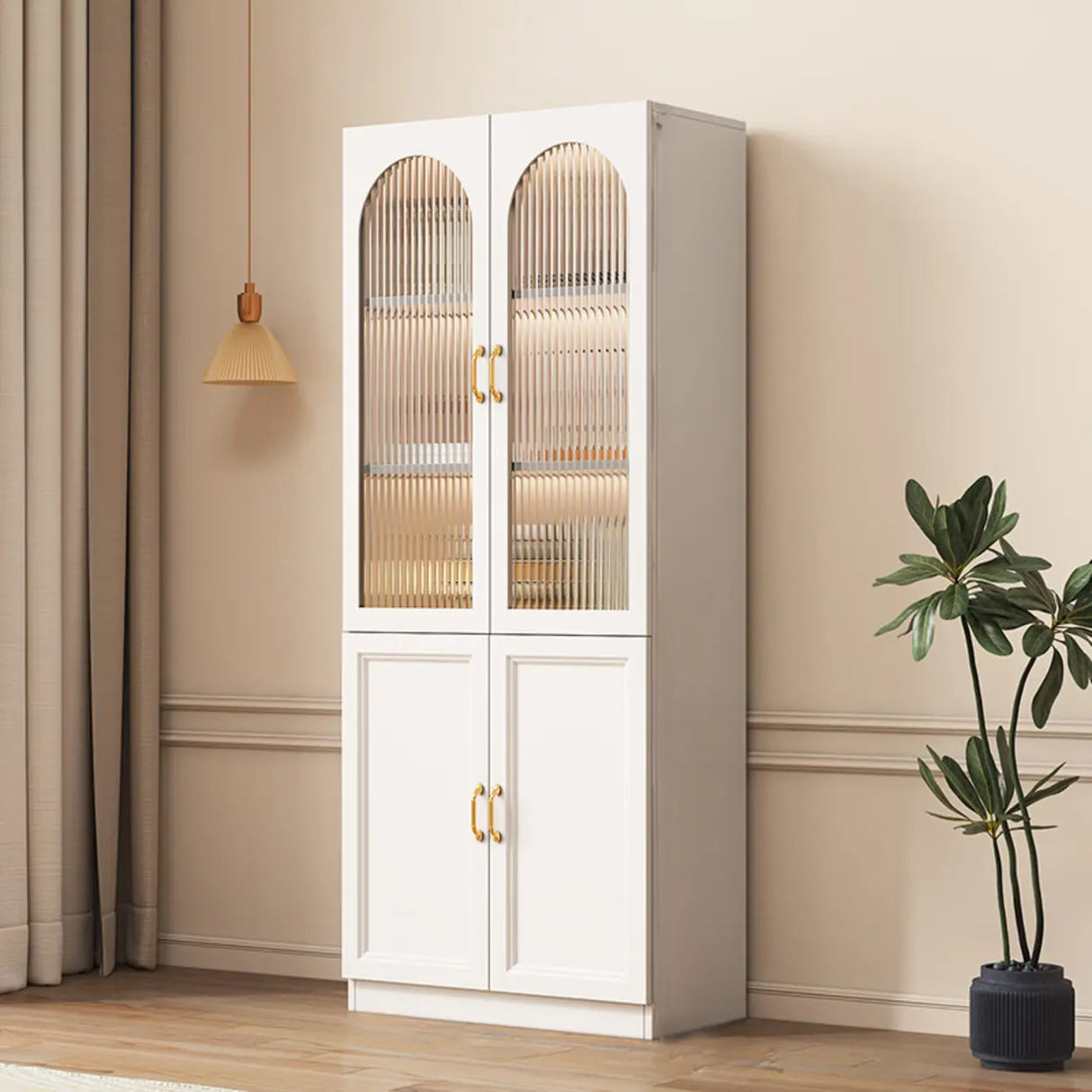 Elegant French White Arched Glass Door Storage Bookcase Image - 7