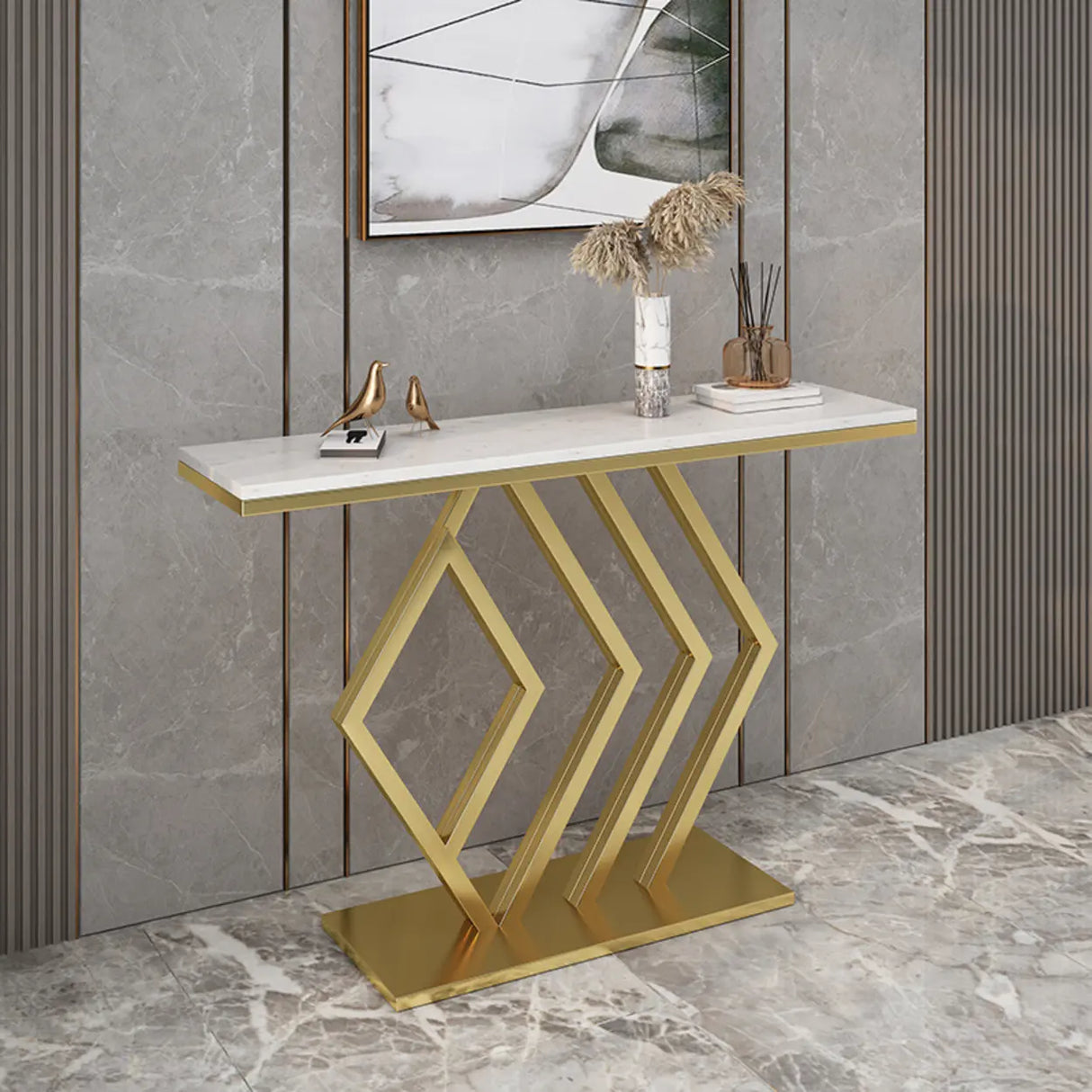 Elegant Gold Base Marble Geometric Foyer Console Table Image - 3