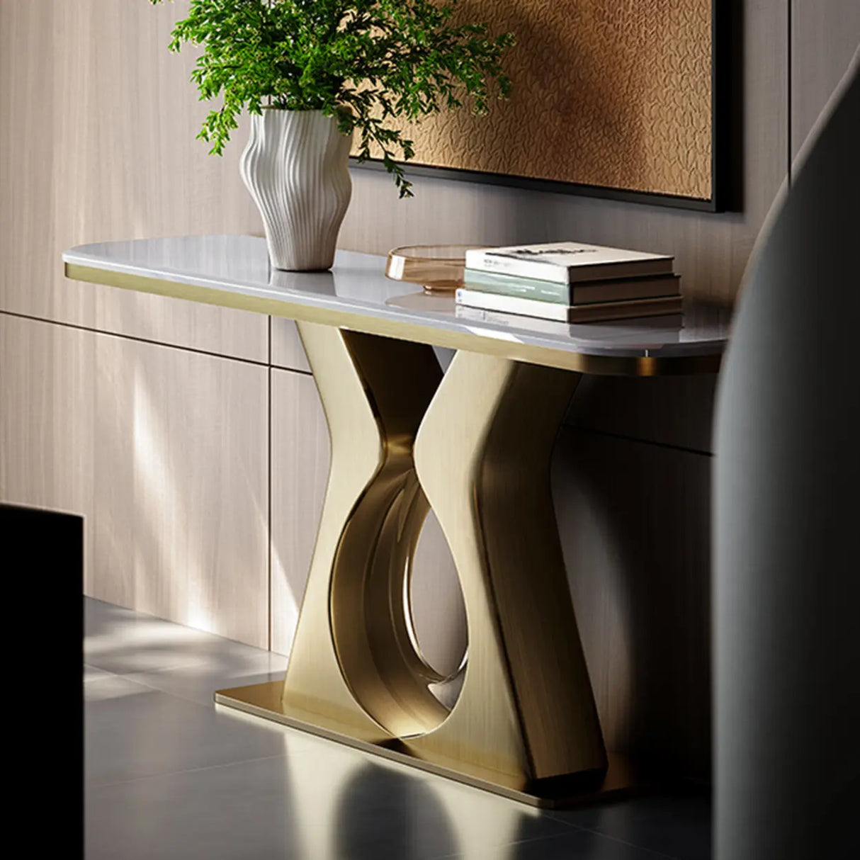 Elegant Gold Base Marble Rectangular Console Table Image - 6