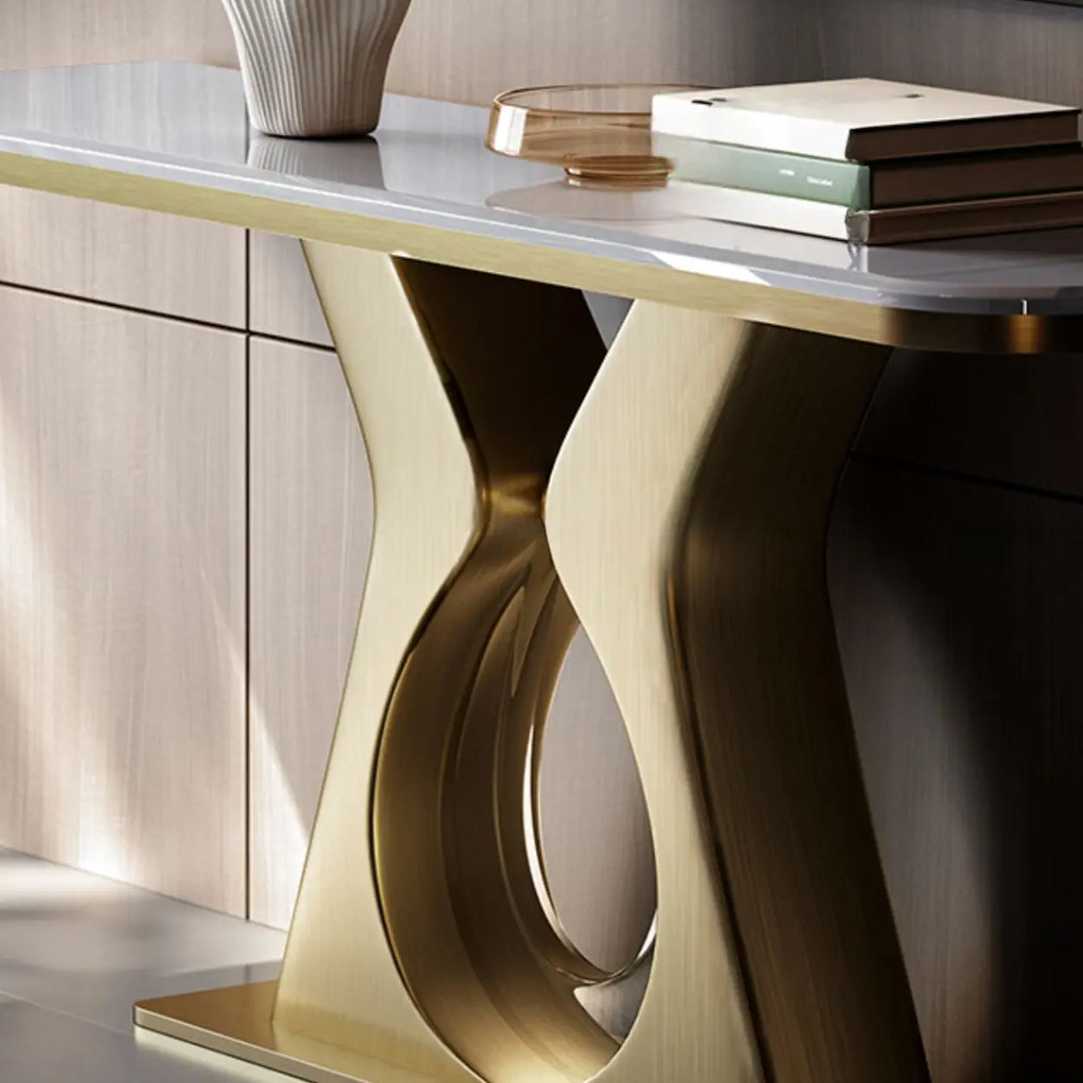 Elegant Gold Base Marble Rectangular Console Table Image - 9